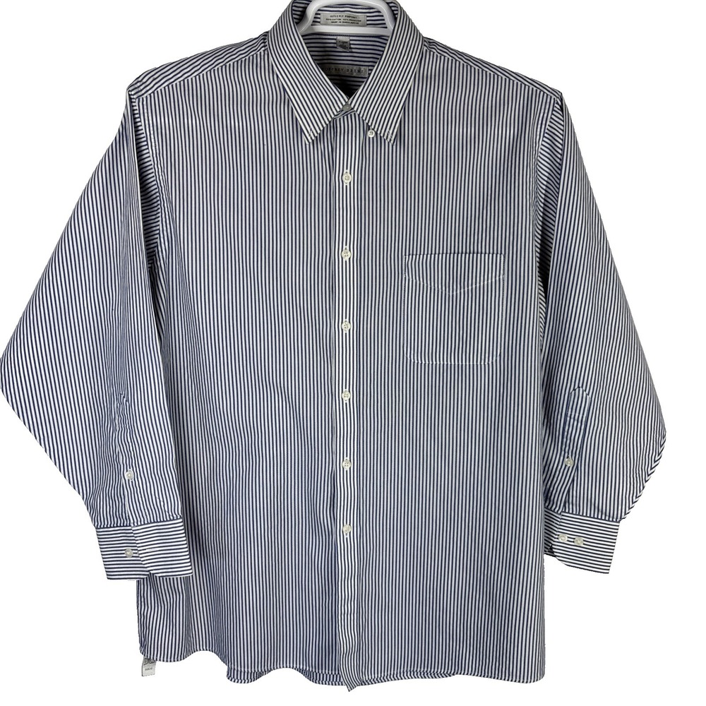 Geoffrey Beene Pinpoint Oxford Dress Shirt 17 32/33 Blue White Striped Button Up